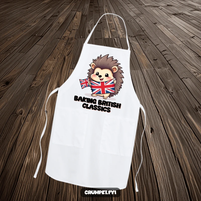 Funny happy hedgehog apron proudly holding a Union Jack flag, ideal for patriotic and cheerful kitchen activities.