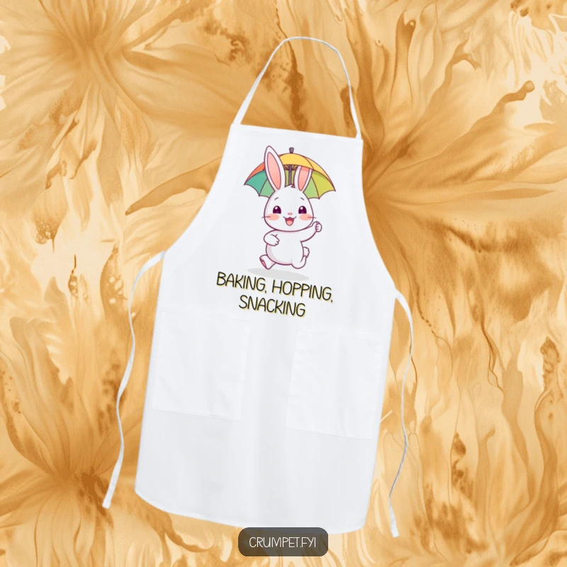 Funny rabbit apron, kitchen wear, happy animal hopping with biscuit, joyful baker accessory, gift for cooks.