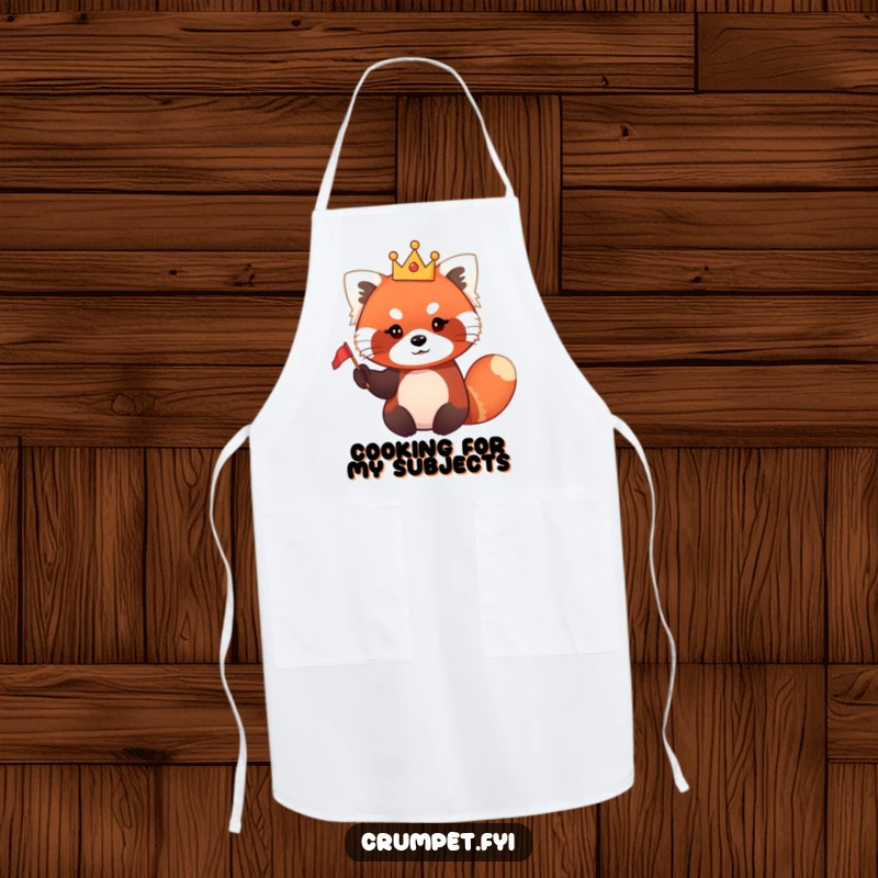 Funny red panda apron showing a cute red panda wearing a tiny crown and waving a small flag, ready to cook.