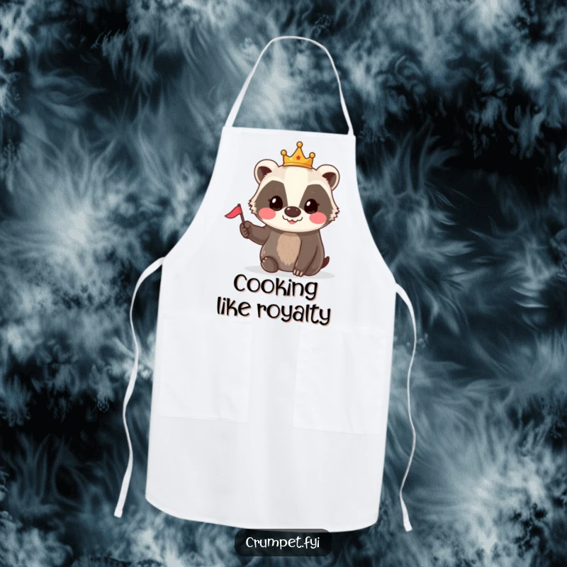 Funny Badger Crown Flag Apron: A smiling badger in a tiny crown waves a small flag, ready for humorous kitchen duties.