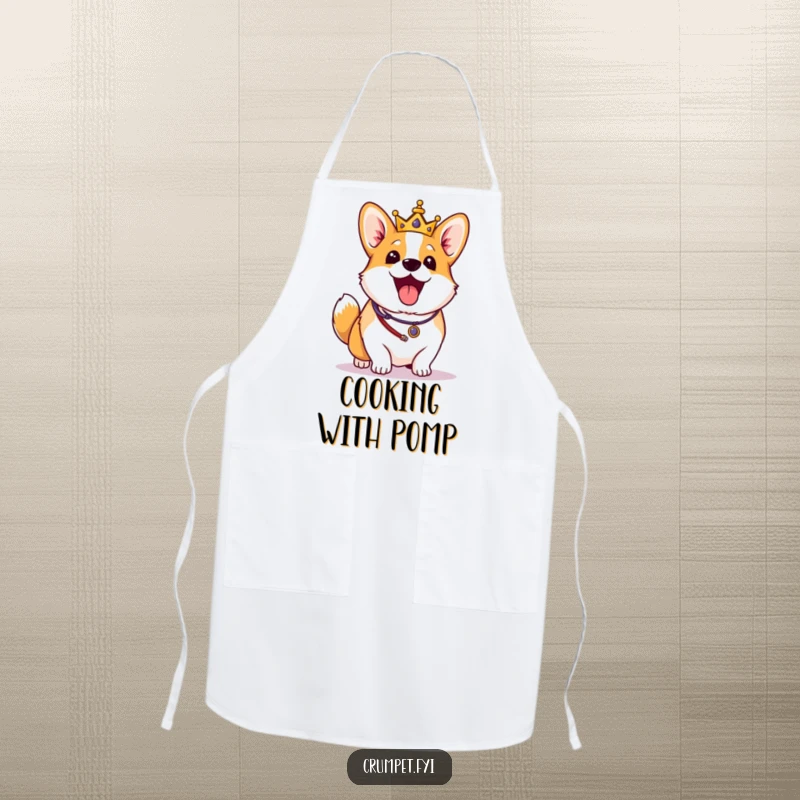 Funny Corgi Apron: An excited corgi in royal regalia wags its tail vigorously, making it a humorous and stylish kitchen accessory.