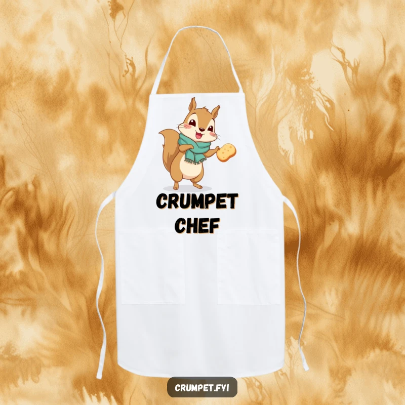 Funny squirrel wearing a scarf doing a silly jig holding a crumpet on a kitchen apron.
