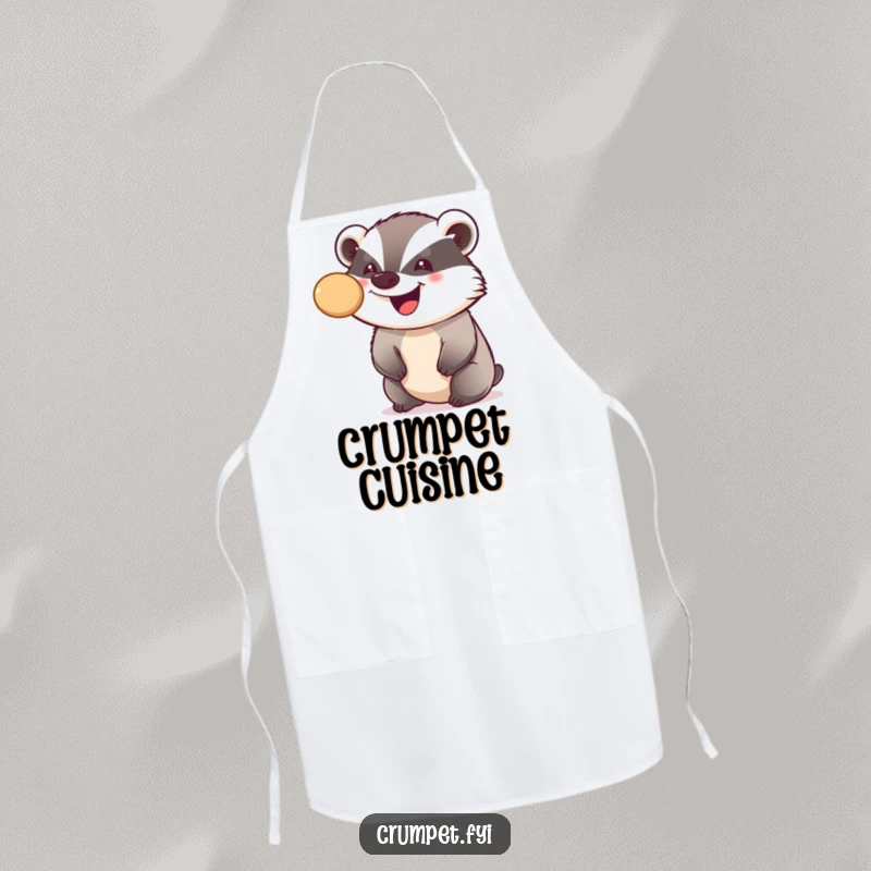 Funny apron designed for chefs, featuring a smiling badger balancing a crumpet on its nose for a humorous cooking experience.