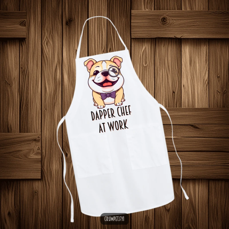 Funny Bulldog Apron: A joyful bulldog wearing a monocle and bow tie, perfect for cooking with sophistication, a humorous funny gift.