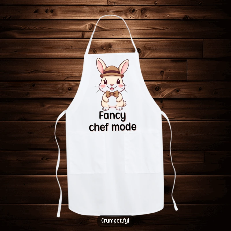 Funny apron showing a happy rabbit wearing a bowler hat and bow tie, ready for kitchen duty with flair.