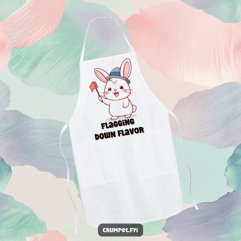 Funny Apron featuring a beaming rabbit in a bowler hat waving a flag, designed for kitchen fun and protecting clothes with cheerful charm.