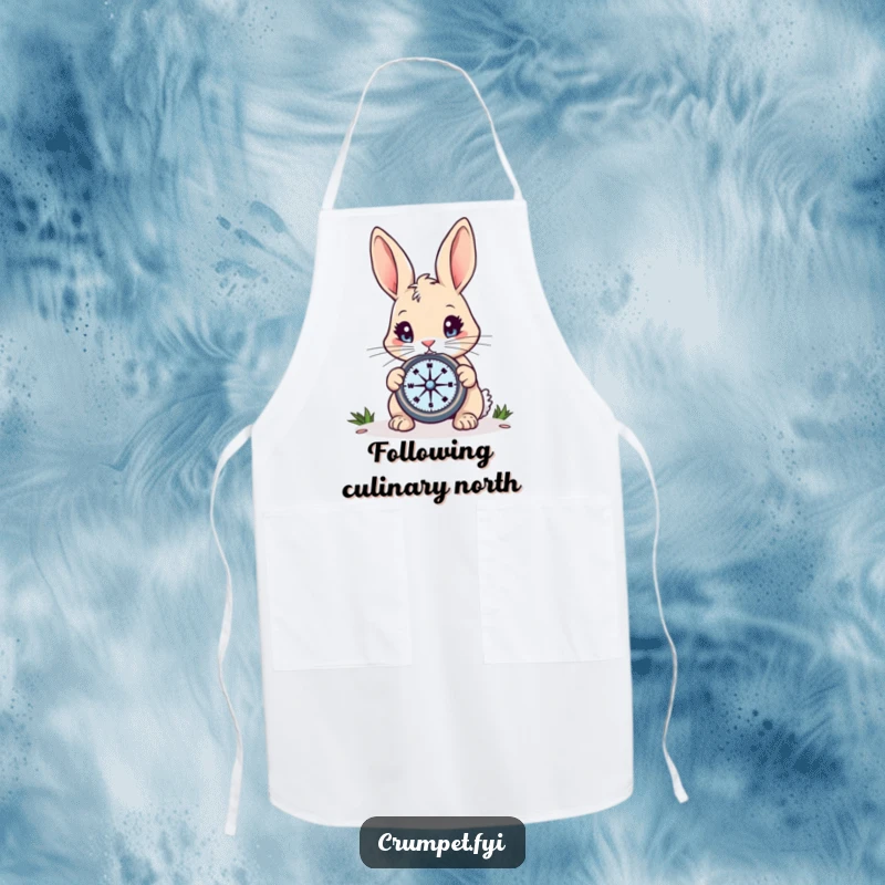 Funny Rabbit Apron: A curious rabbit with bright eyes studies a compass while cooking, a humorous and practical funny gift.