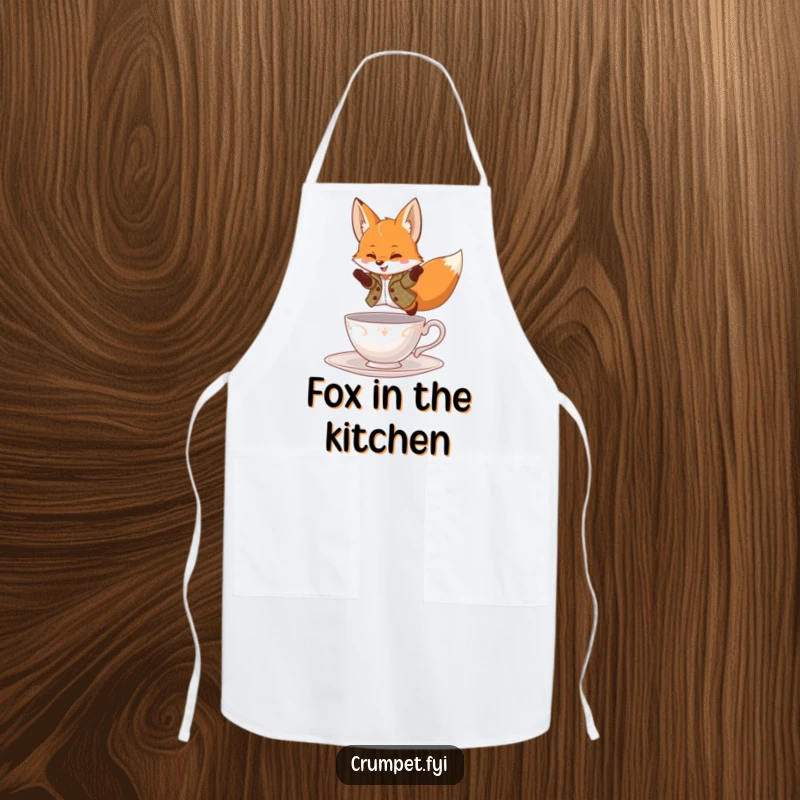 Funny Apron showing a playful fox in a tweed jacket, leaping over a teacup, for humorous and daring cooking.
