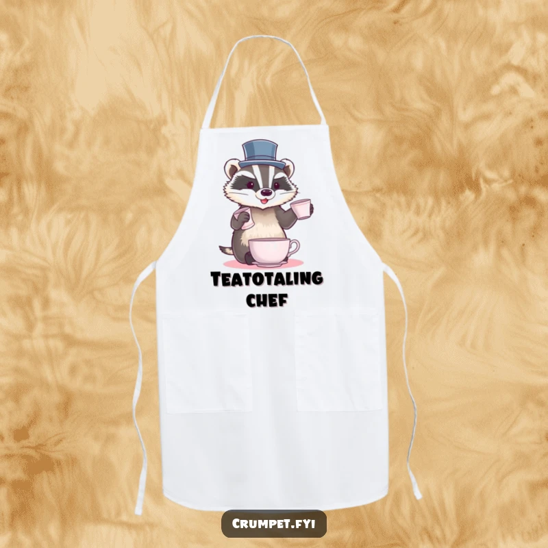 Funny Badger Apron showing a badger in a top hat juggling teacups, a humorous and functional accessory for the kitchen.
