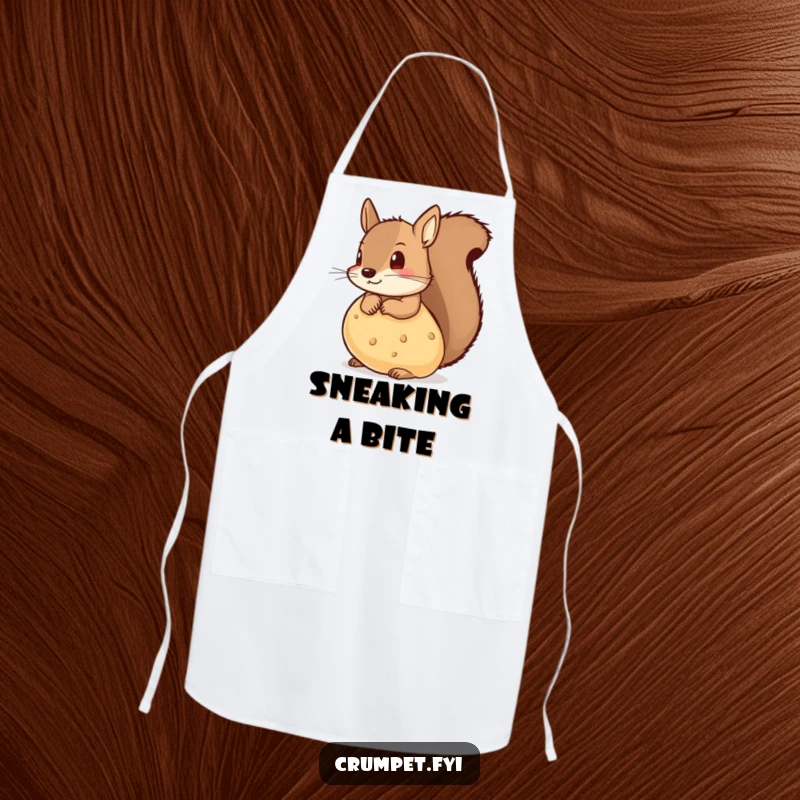 Funny apron showing a mischievous squirrel peeking from behind a large crumpet, ready for kitchen fun.