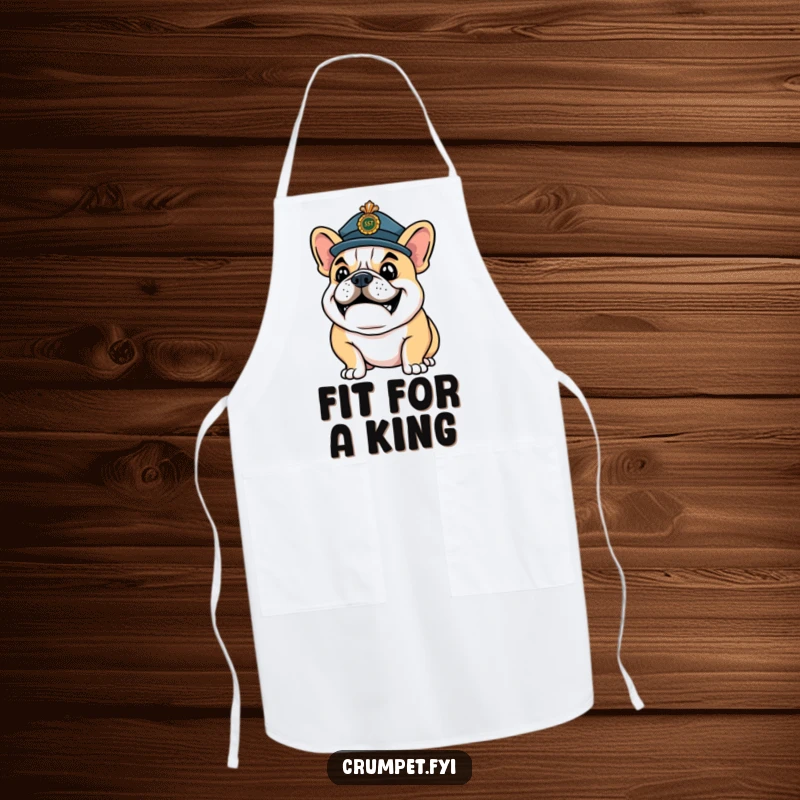 Funny Apron: A happy bulldog wearing a ceremonial hat strikes a confident pose, adding regal humor to cooking.
