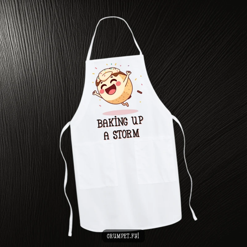 Funny Coffee Cake Apron depicting a joyful character mid-cartwheel with sprinkles, adding a humorous touch to kitchen activities.