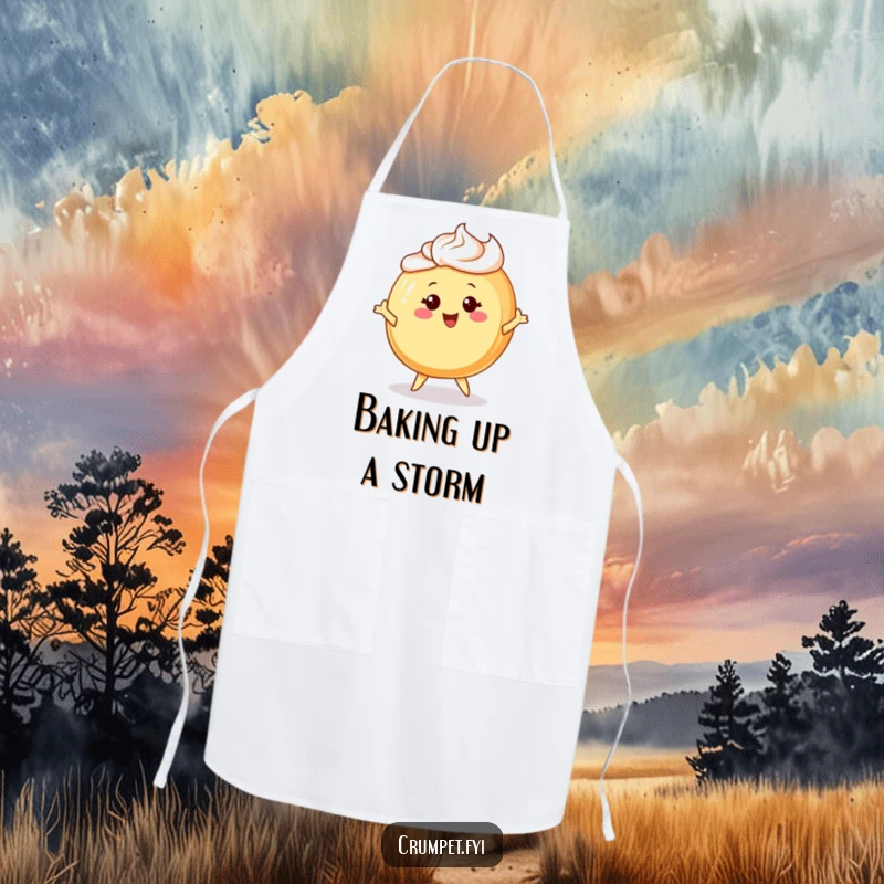 Funny apron with a cheerful Danish pastry character with frosting hair, joyfully twirling while baking.