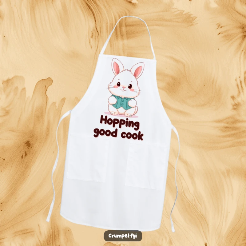 Funny fluffy bunny in a waistcoat, hopping around a kitchen, on a chef's apron, a practical funny present.