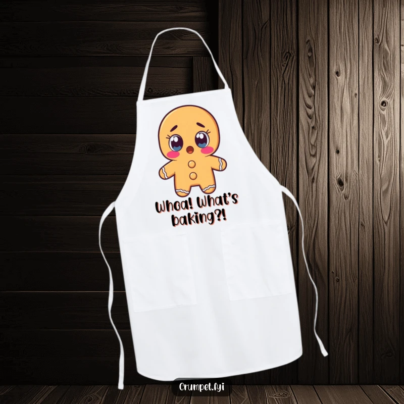 Funny gingerbread man character with wide, shocked eyes on an apron, a humorous kitchen essential.