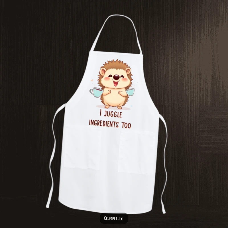 Funny Apron: A giggling hedgehog proudly juggles tiny teacups in the kitchen, bringing humorous charm to meal preparation.