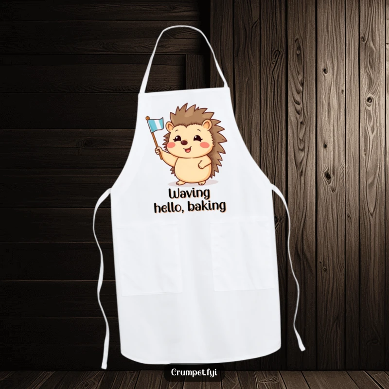 Funny apron featuring a happy hedgehog waving a miniature flag, perfect for a cheerful cooking experience.