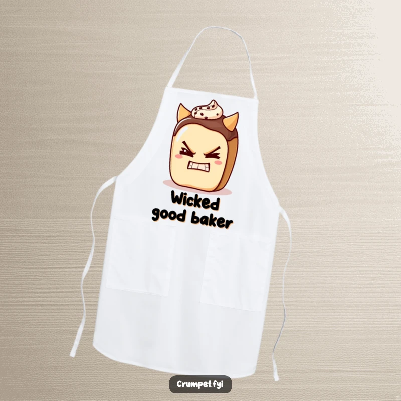 Funny pain au chocolat character winking with a devilish grin on an apron, a charming kitchen essential.