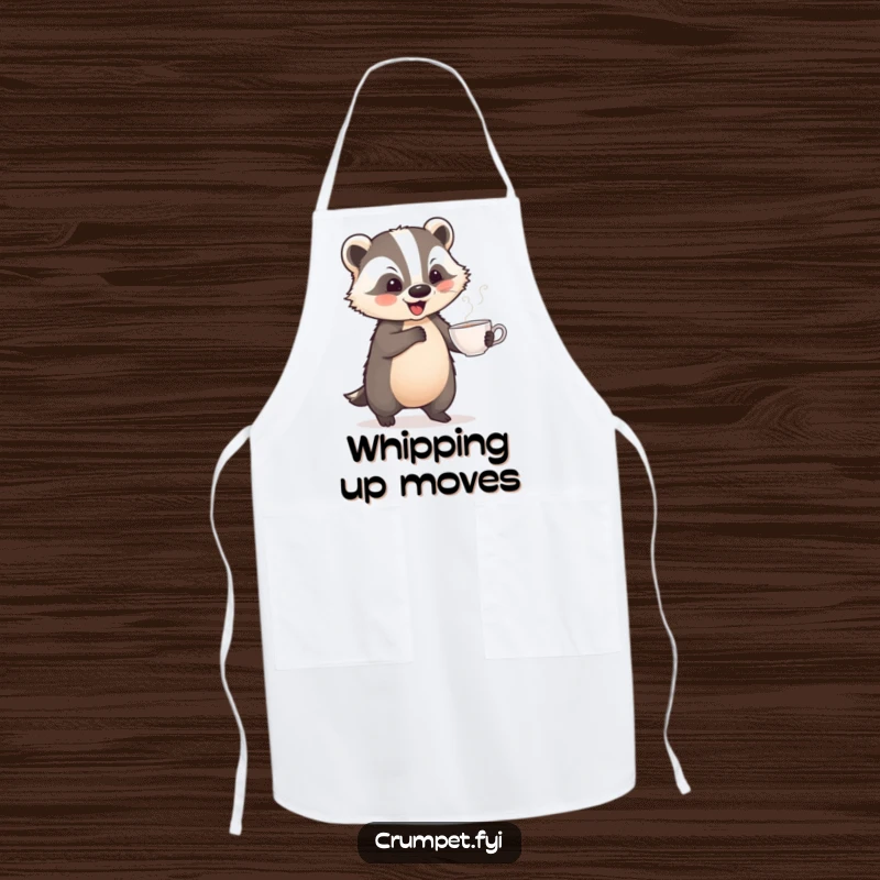 Funny apron showing a playful badger performing a jaunty dance with a teacup, adding whimsical humor to the kitchen.