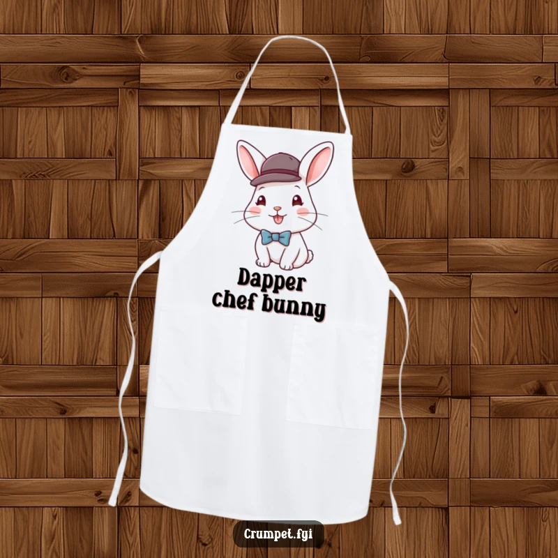 Funny cooking apron featuring a happy rabbit wearing a bowler hat and bow tie, adding dapper charm and humor to kitchen tasks.