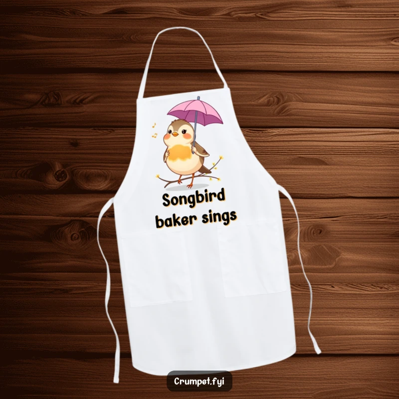 Funny Apron showing a cheerful robin holding an umbrella, singing a tune, for humorous and melodic cooking.