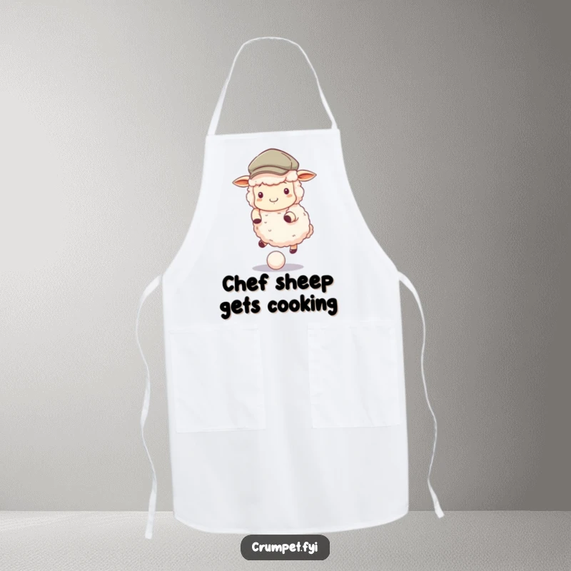 Funny Apron showing a fluffy sheep wearing a flat cap, bouncing a ball, for humorous and fun kitchen activities.