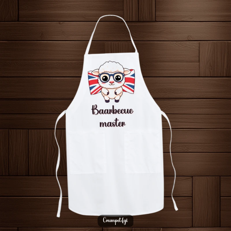 Funny British sheep wearing spectacles peeking from Union Jack flag on a kitchen apron.