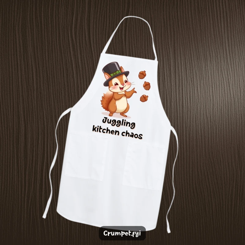 Funny squirrel apron showing a squirrel in a bowler hat juggling acorns with glee, ideal for cooking and gift.