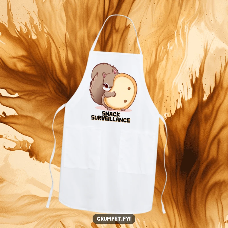 Funny apron designed for cooks, featuring a mischievous squirrel peeking from behind a crumpet for a humorous kitchen experience.