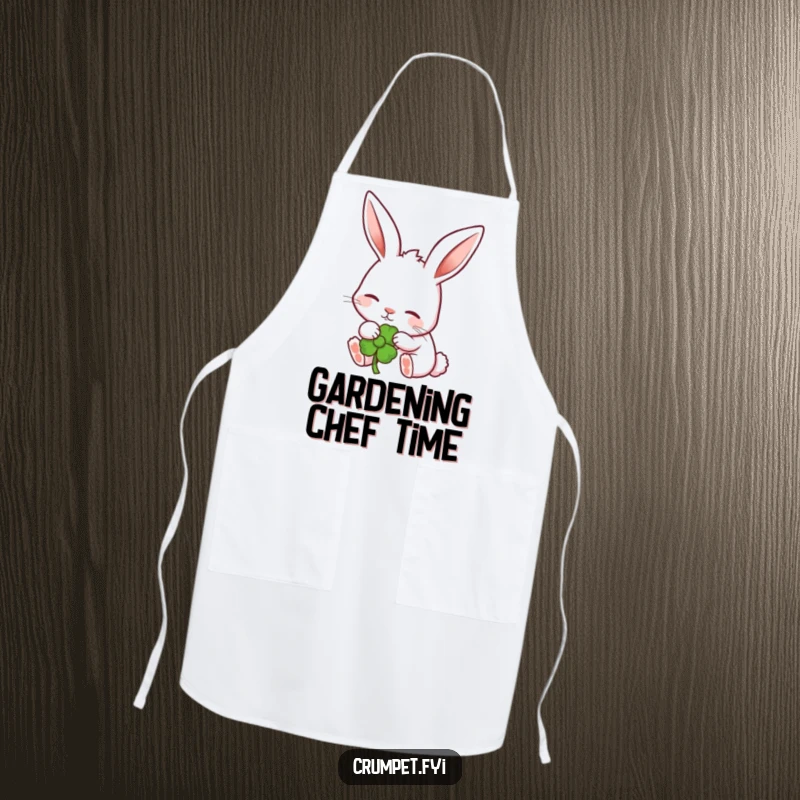 Funny rabbit with perked ears nibbling a garden flower on a stylish apron. A sweet funny gift.
