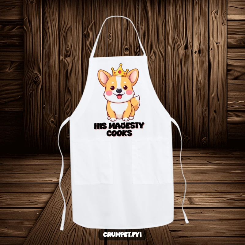 Funny happy corgi apron wearing a small crown, tail wagging, ideal for royal and humorous kitchen activities.