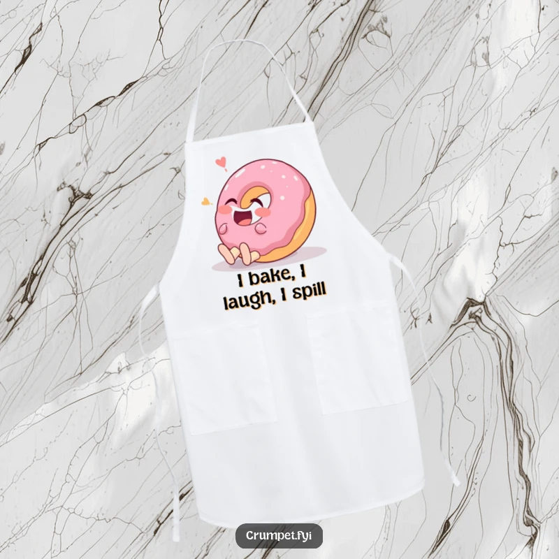 Funny donut character rolling on the ground laughing hysterically while wearing an apron, a delightful kitchen accessory.