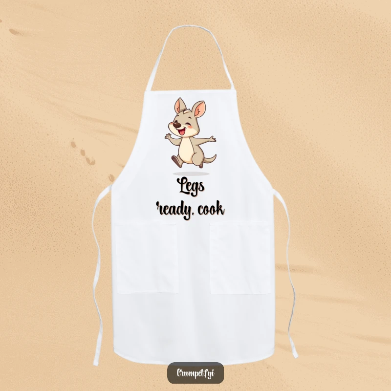 Funny wallaby apron showing a giggling wallaby hopping energetically, perfect for kitchen fun. A humorous and practical item for chefs.
