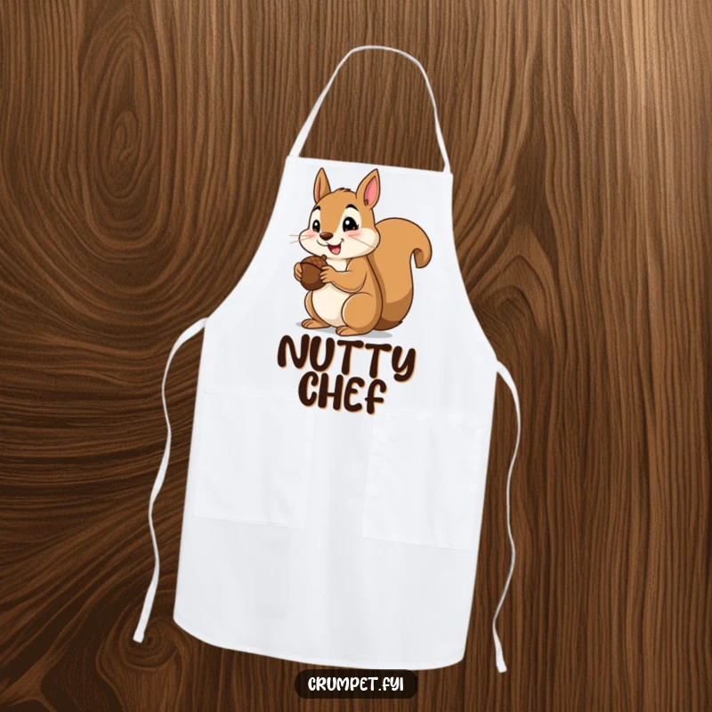 Funny squirrel apron with a happy squirrel giving a thumbs up while eating an acorn, adding humor to kitchen tasks.