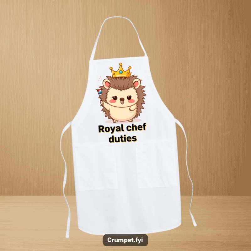 Funny apron design of a cheerful hedgehog wearing a crown, happily waving a miniature flag, perfect for regal kitchen fun.