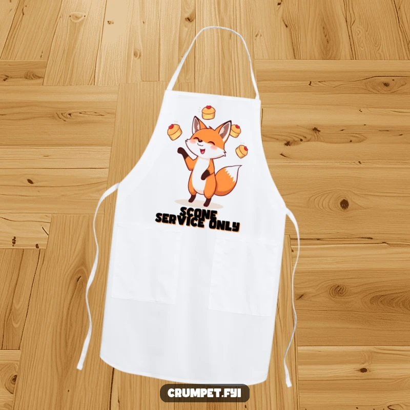 Funny apron designed for bakers, featuring a delighted fox expertly juggling scones for a humorous kitchen experience.