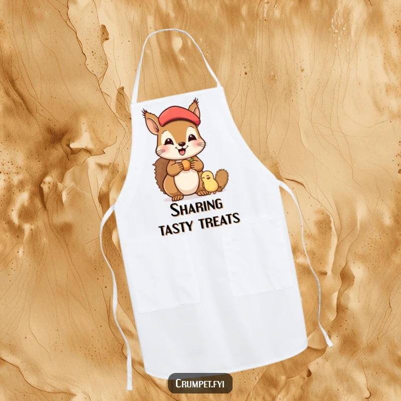 Funny Apron featuring a happy squirrel in a beret sharing nuts with a friend, designed for kitchen fun and protecting clothes with charming generosity.