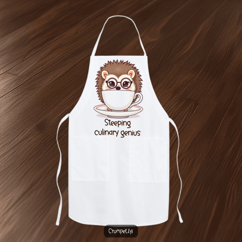 Funny hedgehog apron featuring a hedgehog with a monocle peeking over a teacup, perfect for cooking and gift.