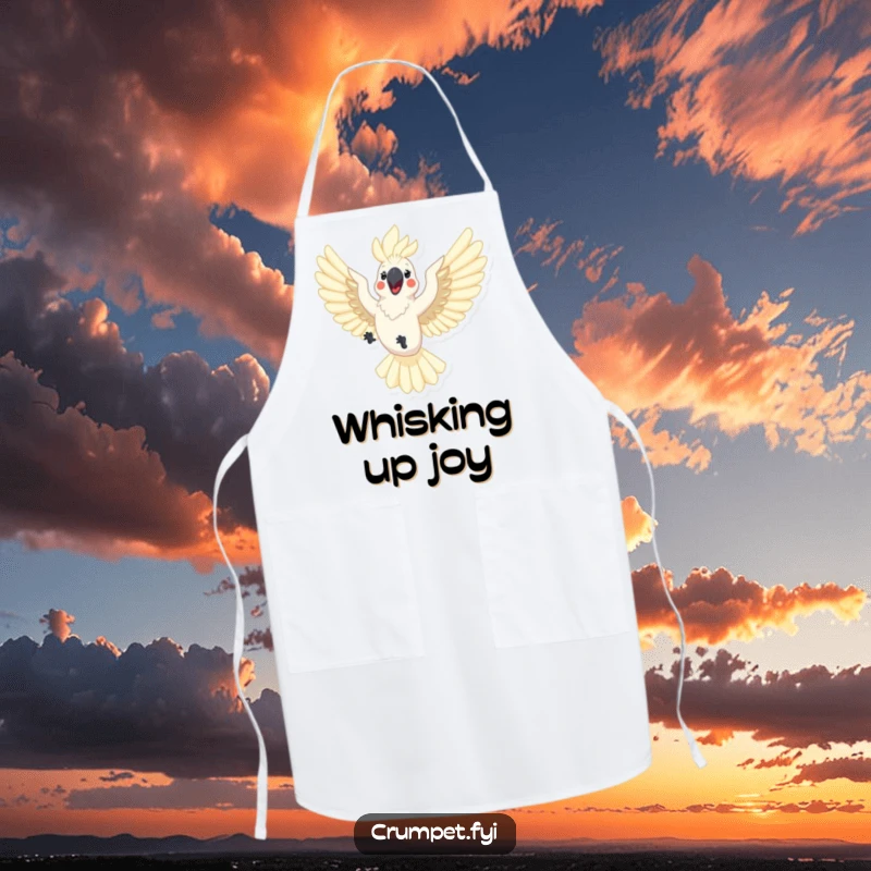 Funny cockatoo apron showing a happy cockatoo flying with outstretched wings, perfect for kitchen fun. A humorous and practical item for chefs.
