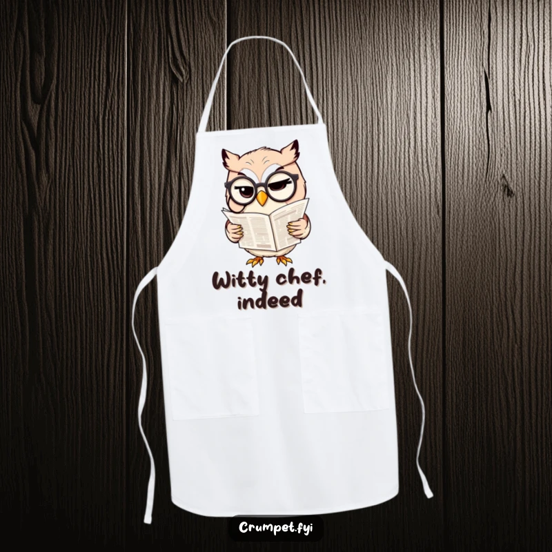 Funny apron with a winking owl wearing a monocle and reading a newspaper, perfect for a witty cook.
