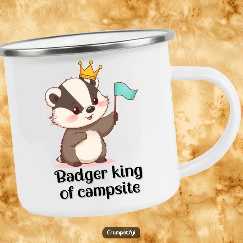 Funny Camping Mug with a cute badger in a crown, waving a flag, perfect for outdoor humor and hot drinks.