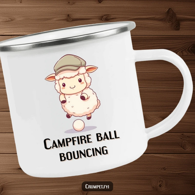 Funny Camping Mug with a fluffy sheep in a flat cap, bouncing a ball, perfect for outdoor humor.