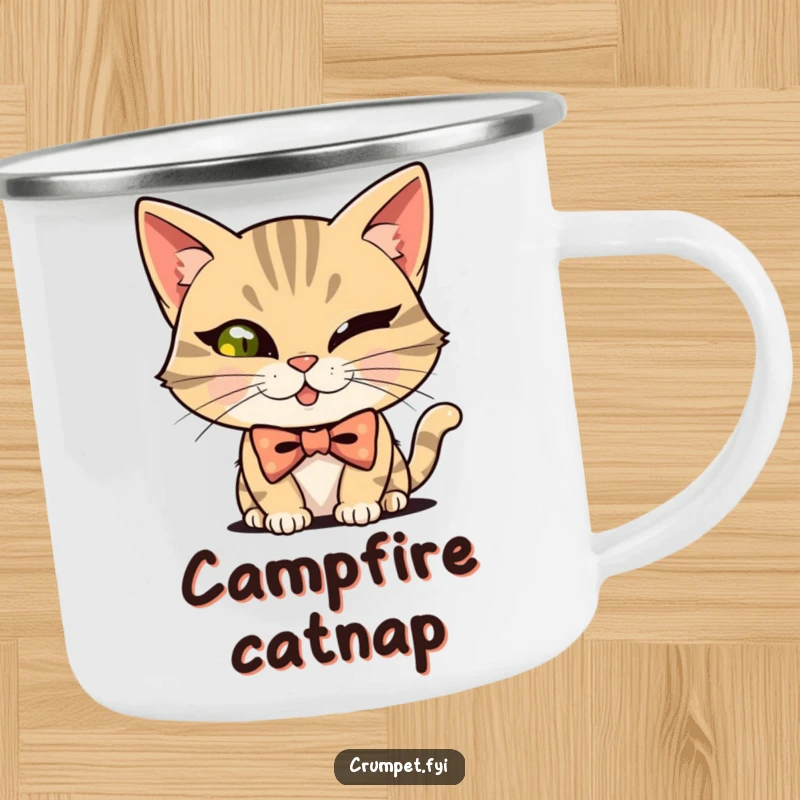 Funny mischievous cat wearing a bowtie, winking in nature, on a durable camping mug, a humorous gift.