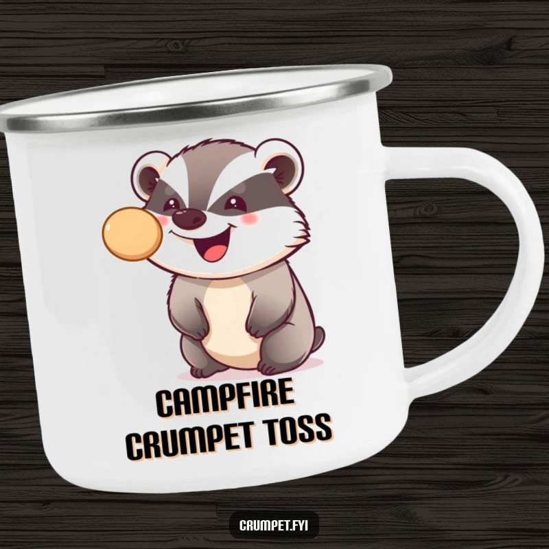 Funny enamel camping mug featuring a smiling badger balancing a crumpet on its nose, durable and humorous for outdoor use.
