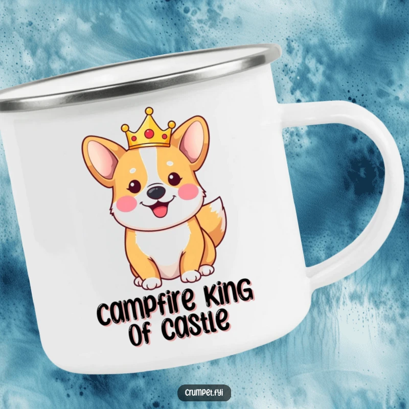 Funny happy corgi camping mug wearing a tiny crown, tail wagging, ready for royal outdoor adventures.