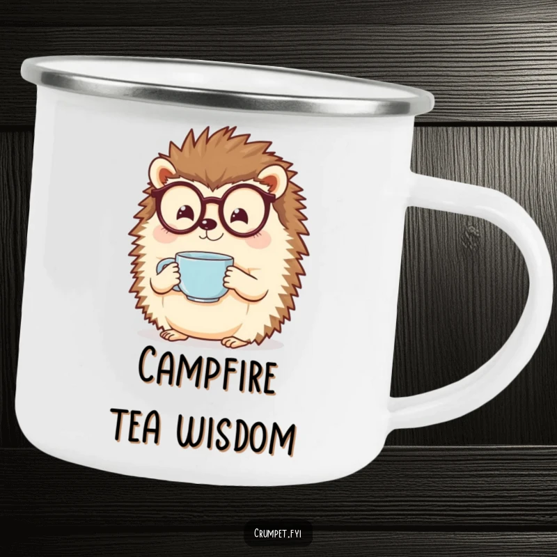 Funny hedgehog with spectacles holding a steaming teacup on a durable camping mug. A charming funny gift.