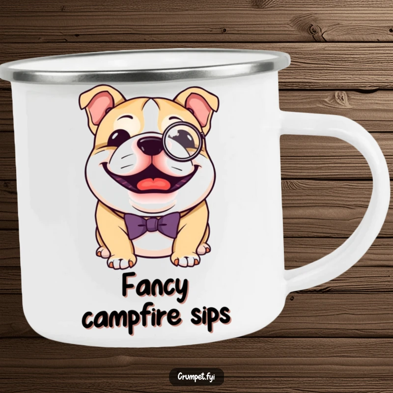 Funny Bulldog Camping Mug: A joyful bulldog in a monocle and bow tie, perfect for outdoor enjoyment, a dapper funny gift.