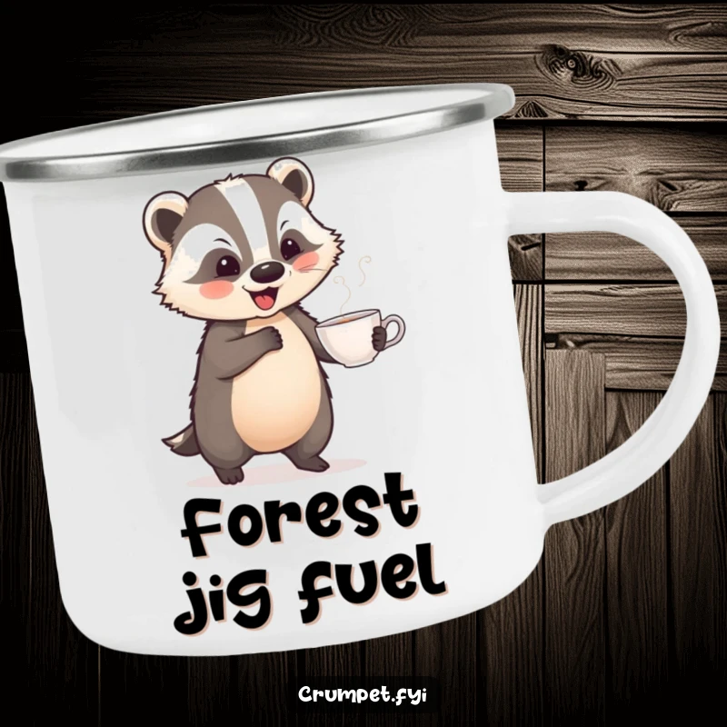 Funny, durable camping mug with a playful badger doing a jaunty dance with a teacup, for whimsical outdoor moments.
