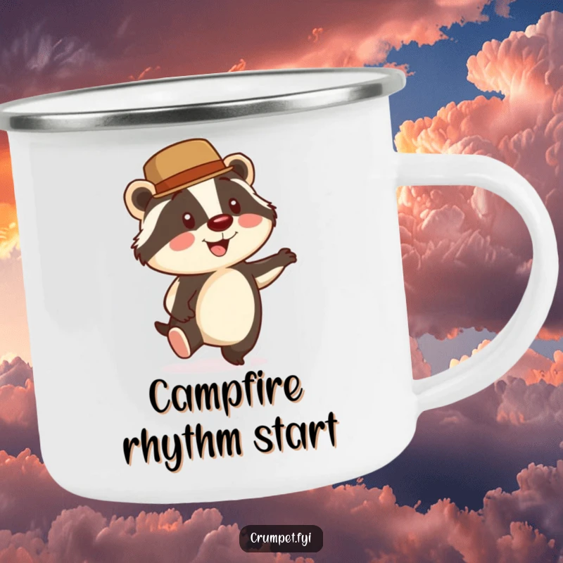 Funny Badger Camping Mug: A smiling badger wearing a bowler hat taps its foot energetically, perfect for outdoor adventures with dapper flair.
