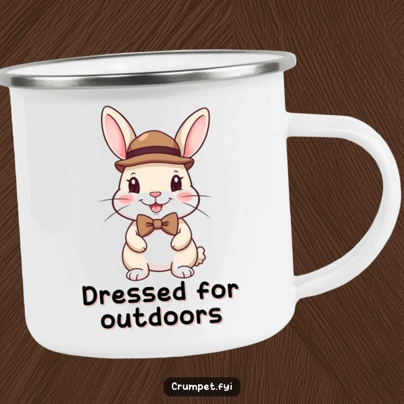 Funny camping mug with a happy rabbit looking dapper in a bowler hat and bow tie, ready for adventure.